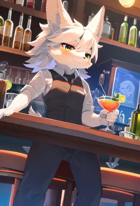 top quality, best quality, High-quality illustrations, masterpiece, super high resolution, detailed background, bartender, bar, cocktail, absurdres, perfect anatomy, expression, good lighting, cinematic shadow(kemono, furry anthro)dynamic angle,