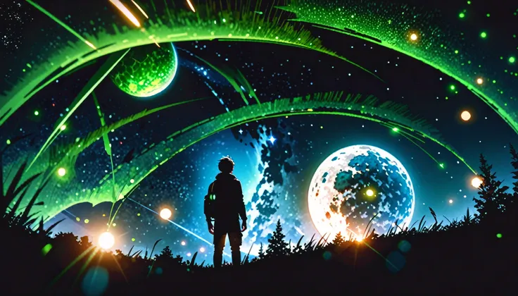 A young man is looking up at the starry night sky and there is a moon split in half by a meteor, below is a green meadow and fireflies, Hyperrealism, depth of field, vignetting, speed lines, glowing light, backlighting, UHD, retina, masterpiece, anatomical...