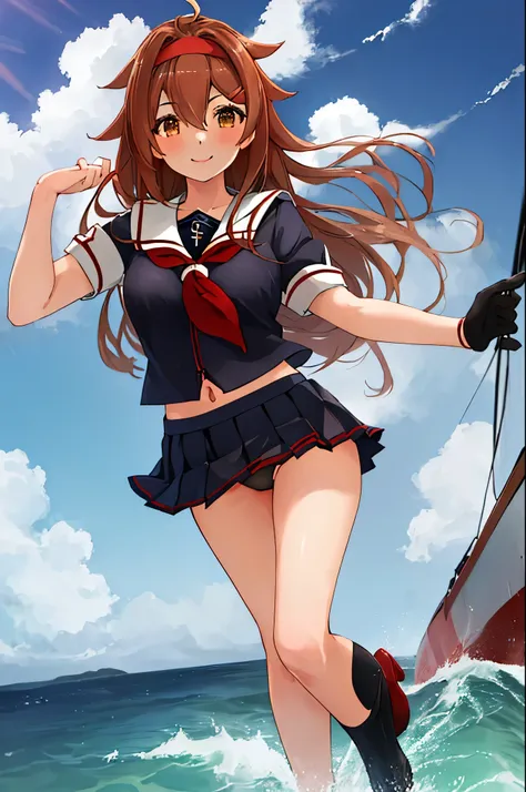 highest quality, masterpiece, High resolution, 1 girl, shiratsuyu (kancolle)(Bai Lu Kai Er　Fleet Collection:1.15), brown hair, brown eyes,  smile, slender body, full body figure,red headband, (((black sailor suit))), short sleeve, pleated skirt, panties, b...