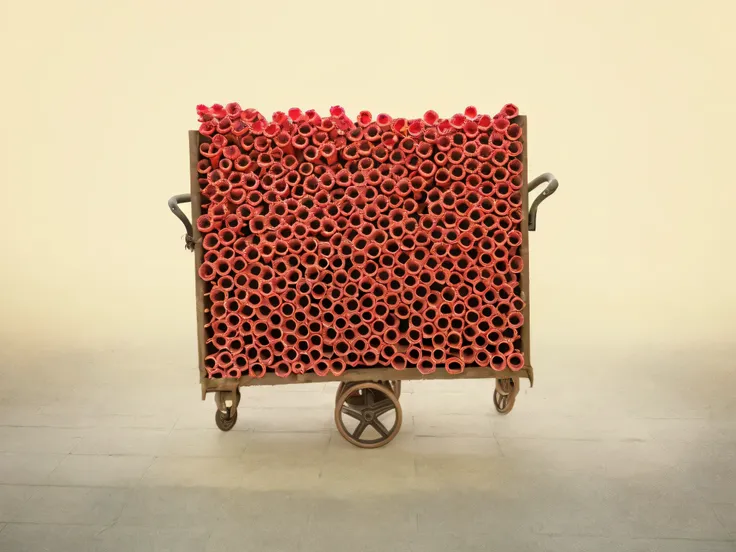 there is a cart with a lot of red Tube Road on it, cart, many Tube Road, Tube Road, Tube, Artem Cheboka, Alexandra Formina, Sebastian Kruger, Inspired by Zhang Kechun, Andi Rusu, ilya kushinov, Daniela Tkachenko, Thiago Lehmann, with Tube Road attached to ...