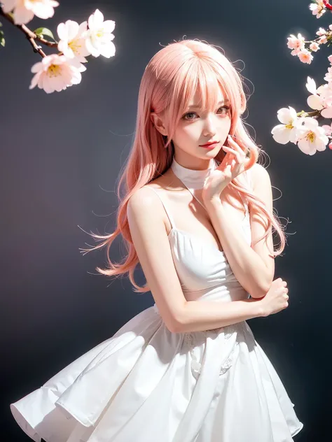 light pink hair, pink eyes, pink and white, cherry blossom leaves, Bright colors, white dress, paint splashes, simple background, ray tracing, wavy hair