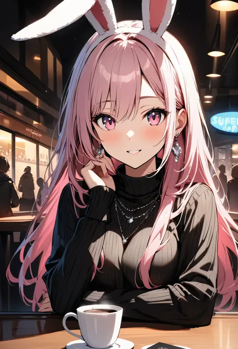 Masterpiece, highest quality, ultra-definition, ultra-fine, 4K, 8K, highest quality, beautiful, cute woman, solo, (beautiful pink hair, beautiful pink eyes, beautiful eyes, long hair, rabbit ears, smile),
break
Cozy cafe scenery, coffee on the table, food,...