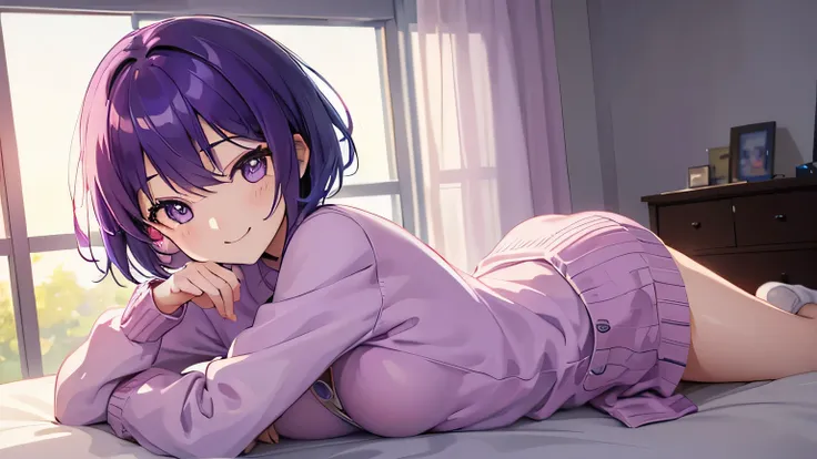 (T Masterpiece，4k wallpaper，best quality))、((girl１people))、(solo)、Shining and vivid，(purple hair)、(shortcut:1.3)、smile、Bedroom、sweater、morning