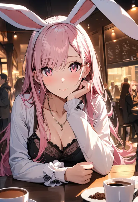 Masterpiece, highest quality, ultra-definition, ultra-fine, 4K, 8K, highest quality, beautiful, cute woman, solo, (beautiful pink hair, beautiful pink eyes, beautiful eyes, long hair, rabbit ears, smile),
break
Cozy cafe scenery, coffee on the table, food,...