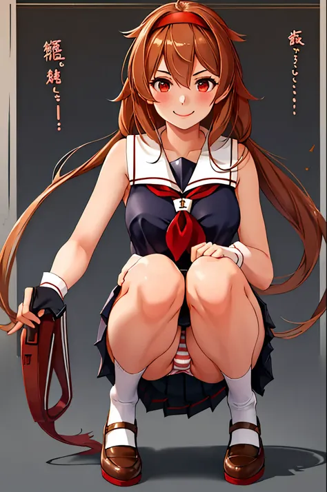 highest quality, masterpiece, High resolution, 1 girl, white dew (KanColle)(white dew改二 艦隊これくしょん:1.15), brown hair, red eyes,  smile, slender body, full body figure,red headband, black(Sailor Suit), pleated skirt, classroom background, slender body, full b...