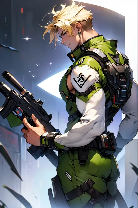 （white people、white skin、uncle、manly face、40 generations）、（blonde、medium hair、natural hair）、 highest quality, male focus,detailed face、Super high quality、thick chest plate、thin waist、ripped abs、（green bodysuit、green high neck、green vest）、show your shoulder...