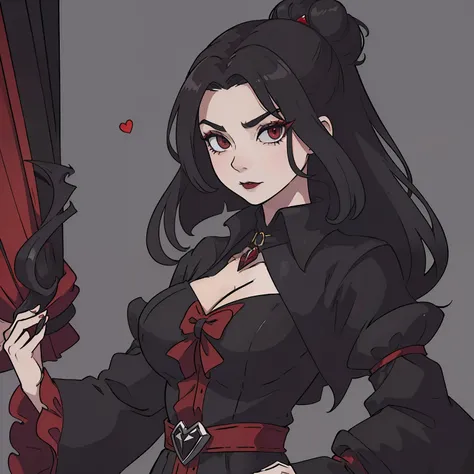 (((masterpiece))), (((best quality))), illustration, single character, game character, rpg character, only one character, aristocrat mature woman, vampiresque woman, aristocrat gothic red and black clothes and cleveage, large breasts, pale skin, red evil e...