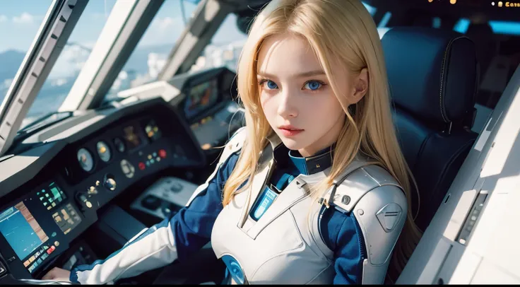 one beautiful woman。blonde blue eyes。twenty years old。She is looking defiantly at the camera。She is dressed in futuristic clothing.。she is sitting in the cockpit of a spaceship。