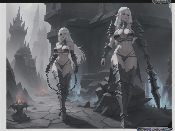 World of Warcraft, dark elf, MILF, grey long hair, black threads, mini bikini armour, muscles, big breasts, full length, in chains with spikes, dungeon, lava, rocks, evil, sexy, character art portrait, concept art, fantasy, intricate details, details, high...