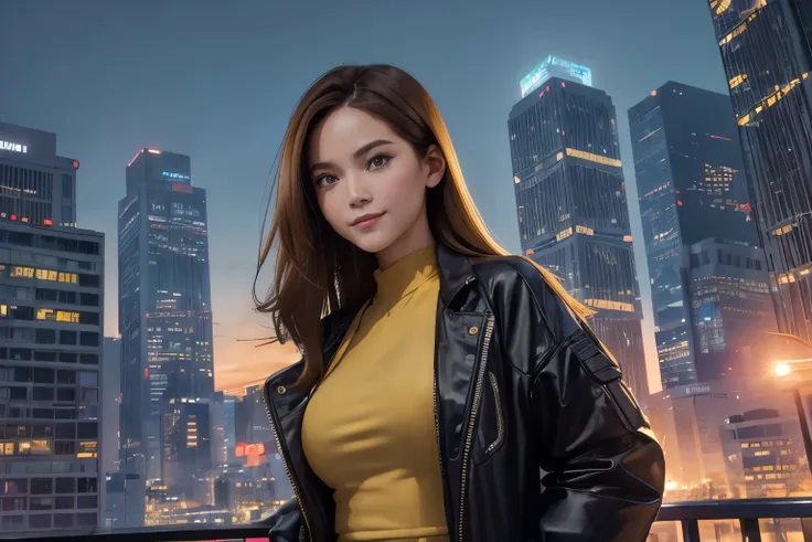 ((best quality， 8k， masterpiece :1.3))， 1 girl， young taiwanese woman in a sleek deep low cut yellow jacket ， 20yrs old， big per...