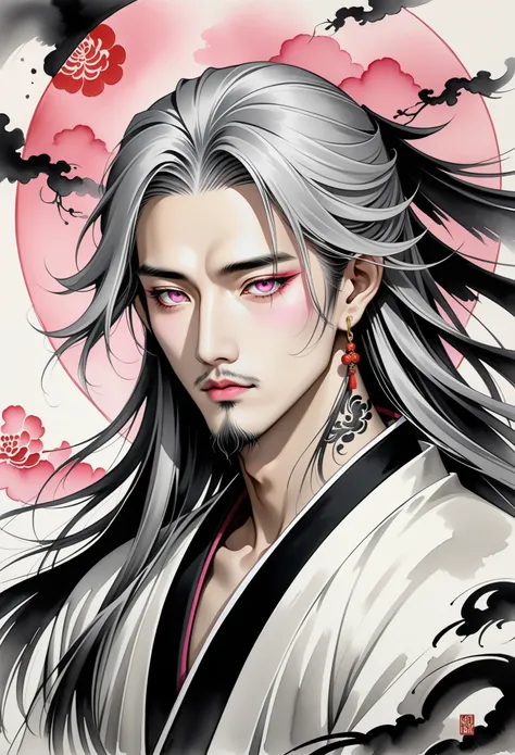 Draw a work in the style of traditional Chinese ink painting，The emphasis is on gold. Which should depict a wise man，gray hair，long hair，piercing pink eyes. This saint was supposed to be a man with many hands and fingers and many faces.