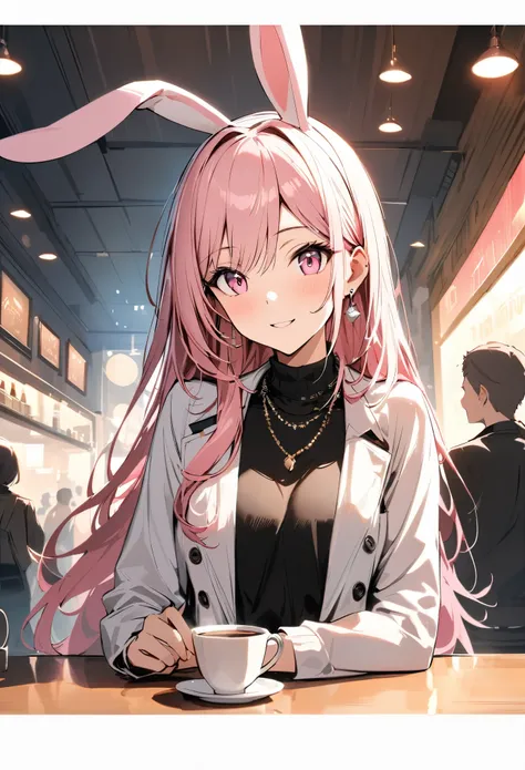 Masterpiece, highest quality, ultra-definition, ultra-fine, 4K, 8K, highest quality, beautiful, cute woman, solo, (beautiful pink hair, beautiful pink eyes, beautiful eyes, long hair, rabbit ears, smile),
break
Cozy cafe scenery, coffee on the table, food,...