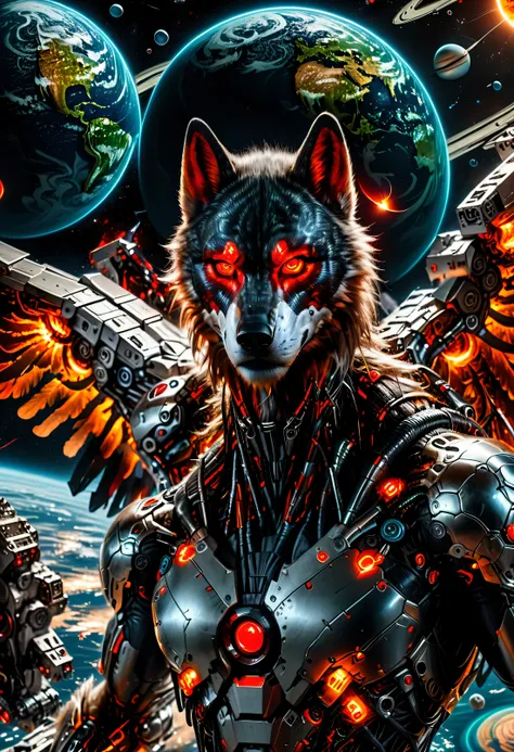 cyborg werewolf digital flying over outer space red eyes the planet earth there in the background and the planet saturn too. god...