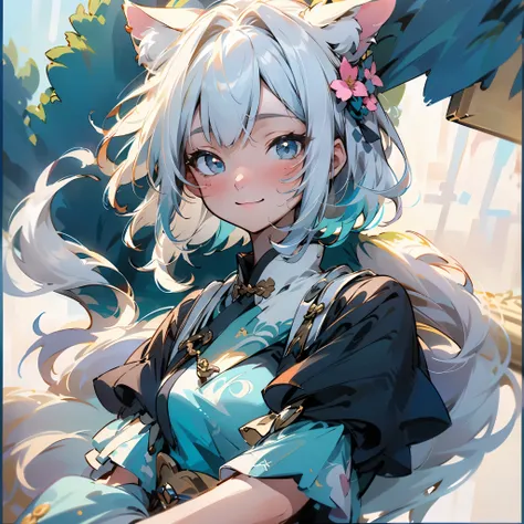 ((highest quality)), ((masterpiece)), (be familiar with), perfect face、A woman who lives in a small seaside town、Her name is Mina。She is short in stature、has cat ears、has silver bob hair。Smiling in a vibrant forest filled with colorful flowers。painted beau...