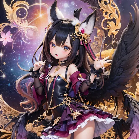 (best quality,ultra-detailed),chibi crow girls,anime style,cute characters,playful poses,feathered wings,shiny black feathers,colorful accessories,magical atmosphere,mystical background,enchanting expressions,bright colors.