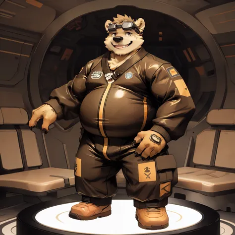 New Jersey 5 Hairy, Bear，full body portrait, male,exquisite， chubby，thick arms，plush fur，front，stand，pilot goggles，pilot suit，bomber pants，Smile