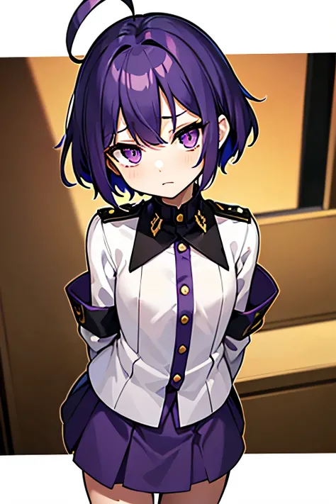 Purple hair, flipped hair, purple eyes, military uniform, childish features, short, tight skirt, white military uniform, dark blue skirt, kind eyes, dark expression, flipped hair, short Hangar with a giant robot, flipped hair , round eyes, ahoge, shoulder-...