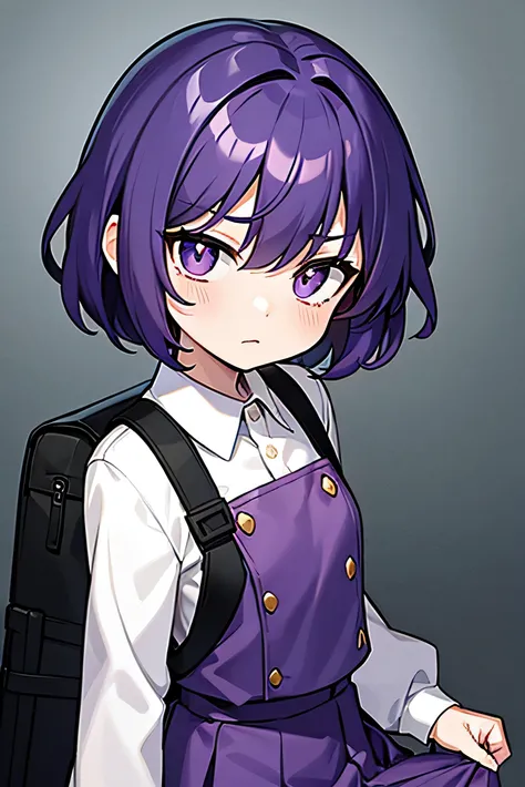 purple hair, flipped hair, purple eyes, military uniform, childish features, short, tight skirt, white , dark blue skirt, kind eyes, dark expression, flipped hair, short, classroom, flipped hair, round Eyes, stupid hair are sad,
Droopy eyes, flat chest, 12...