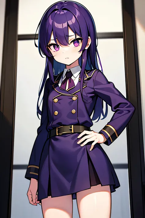 purple hair, flipped hair, purple eyes, military uniform, childish features, short, tight skirt, white , dark blue skirt, kind eyes, dark expression, flipped hair, short, classroom, flipped hair, round Eyes, stupid hair are sad,
Droopy eyes, flat chest, 12...