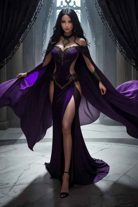 Thalia Darkwood emerges from the shadows, a figure shrouded in mystery and allure. Her slender form is cloaked in a flowing gown of deep crimson velvet, the fabric cascading around her like a river of blood. Adorned with intricate lace patterns and silver ...