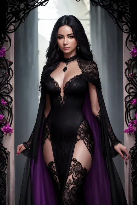 Thalia Darkwood emerges from the shadows, a figure shrouded in mystery and allure. Her slender form is cloaked in a flowing gown of deep crimson velvet, the fabric cascading around her like a river of blood. Adorned with intricate lace patterns and silver ...