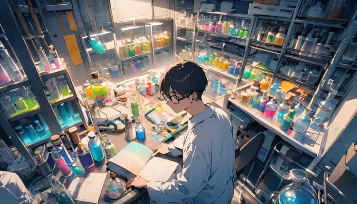 Wide view of A young teenager japanese man, working inside the laboratory,, looking at chemicals, wearing spectacles, wearing laboratory dress