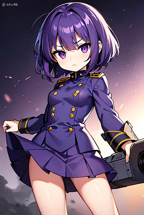 Small breasts, medium hair, purple hair, hair that bounces outward, purple eyes, military uniform, childish features, short height, tight skirt, white military uniform, dark blue skirt, kind eyes, dark expression, outward appearance Fallen hair, short stat...