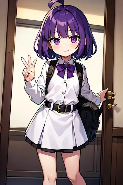 purple hair, flipped hair, purple eyes, military uniform, childish features, short, tight skirt, white , dark blue skirt, kind eyes, dark expression, flipped hair, short, classroom, flipped hair, round eyes, ahoge,
smiling a little,
Drooping eyes, flat che...