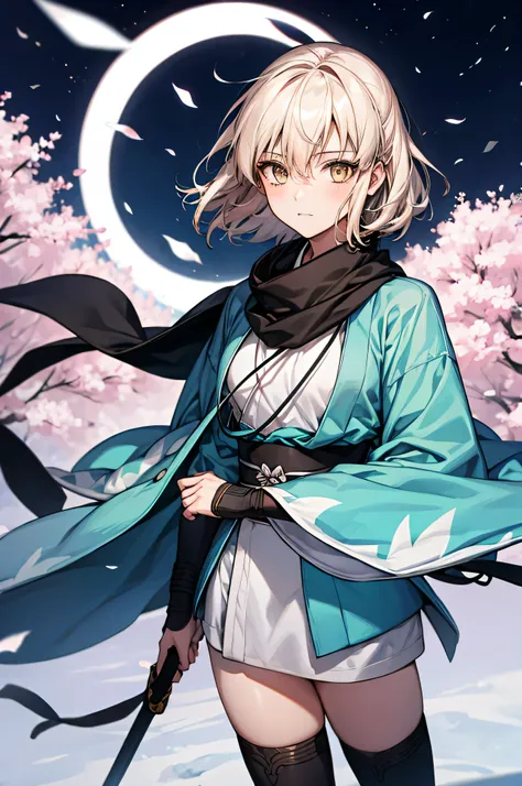 masterpiece, highest quality, perfect face, highest resolution, Highest image quality,Detailed depiction of the eyes,Okita Souji,1 girl solo, arm guard,wide sleeve,toeless legwear,white kimono, Shinsengumi, yellow eyes,black stockings,short kimono,Haori,bl...