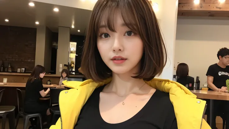 brown hair、short hair、With bangs、Beautiful woman、sexy body、bright colored jacket(The inner layer is a black scoop neck T-shirt..)、inside a stylish cafe