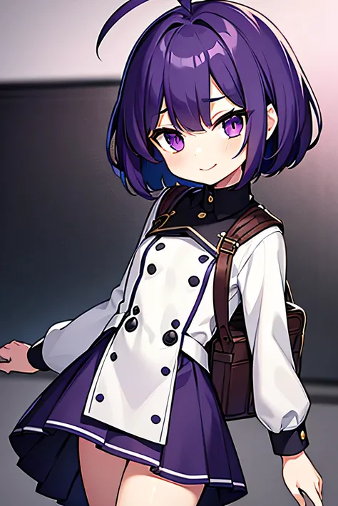 purple hair, flipped hair, purple eyes, military uniform, childish features, short, tight skirt, white , dark blue skirt, kind eyes, dark expression, flipped hair, short, classroom, flipped hair, round eyes, ahoge,
smiling a little,
Droopy eyes, flat chest...