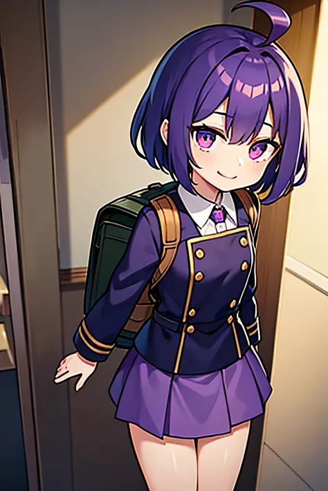 purple hair, flipped hair, purple eyes, military uniform, childish features, short, tight skirt, white , dark blue skirt, kind eyes, dark expression, flipped hair, short, classroom, flipped hair, round eyes, ahoge,
smiling a little,
Droopy eyes, flat chest...