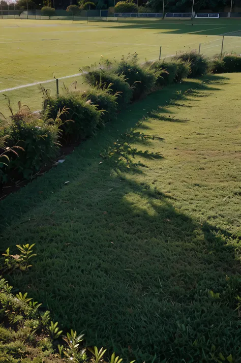 ARTE PROFISSIONAL, DETALHES INTRICADOS, field of vision, FOCO NITIDO, cinema lighting, CAMPO DE FUTEBOL, MUITO VERDE, GRAMA DETALHADA, VISAO HORIZONTAL 