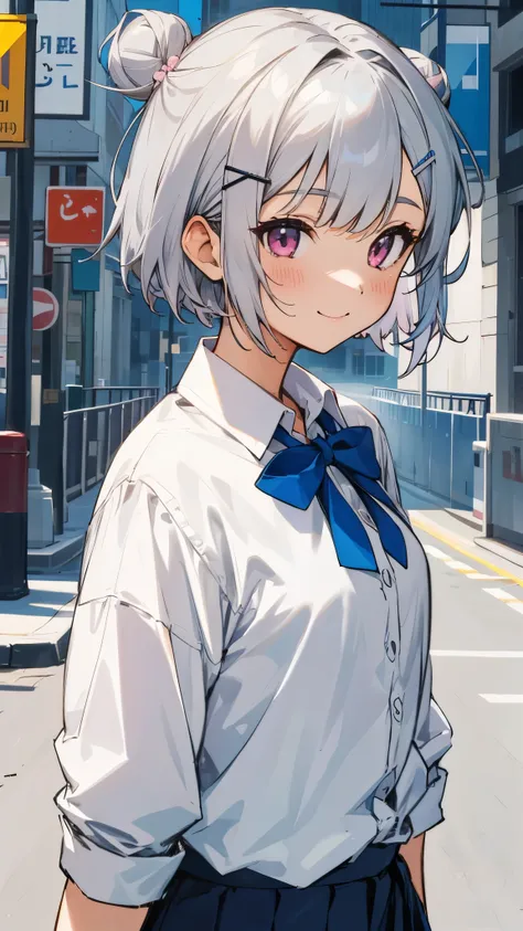 1 girl、beautiful anime girl、silver short hair and bob hair、I tied my hair in a bun with a hair clip.、pink eyes、pleated skirt、upper body close-up、smile、city street