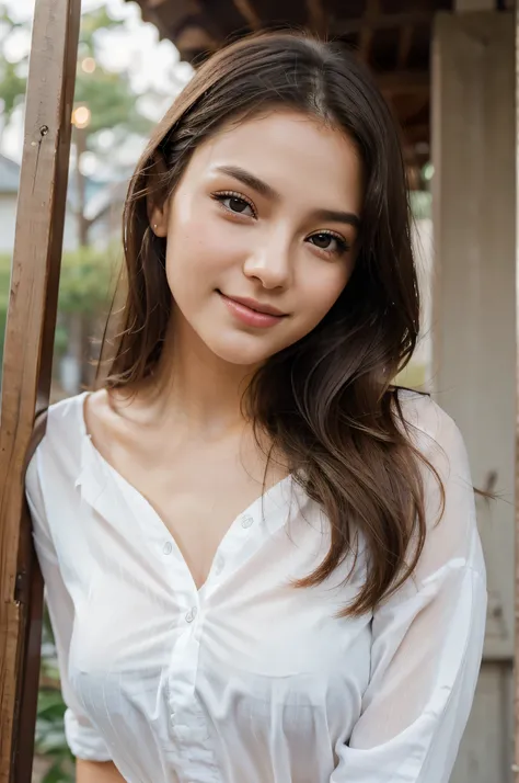 Beautiful young girl of 18 years, elegant medium hair, with ambient light from the side, thin lips with gloss, fertile, sultry expression, hazy dreamy eyes, eye lids, blushing, smile face, light makeup, warm, moist, oily complexion, close up face, attracti...