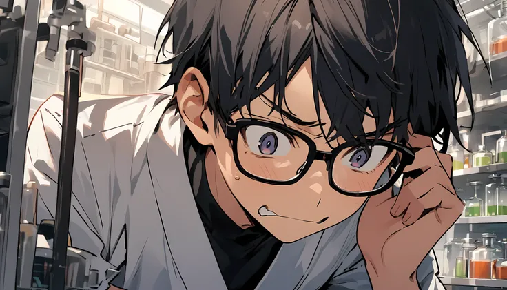 Close view of A young teenager japanese man, working inside the laboratory,, confused feared facial expression, wearing spectacles, wearing laboratory dress