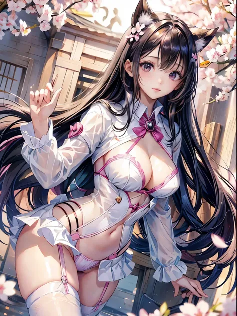 young woman、black hair、long hair、bangs、whole body、are standing、uniform、white shirt、show off your cleavage、pink nipples are visib...