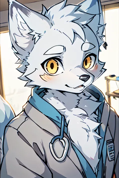 (best picture quality),(masterpiece),(((the only person))),(Super detailed),(male arctic fox:1.5), (white skin:1.3), hairy，(white fur:1.3),((golden pupils)) ,(gray ears),(hairy 动物 耳朵s)，((laboratory))，((doctor))，natural lighting，complex background,Detailed ...