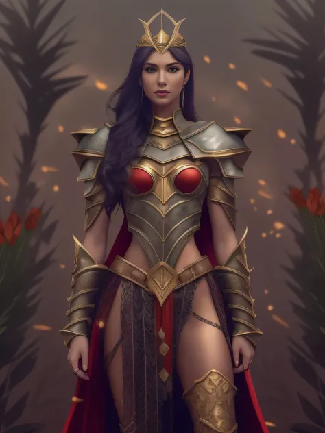 Full body of a fantasy sexy sensual beautiful warrior woman, tall body, slim figure, aristocratic face, long black braided hair, black eyes, red lips, long graceful neck, metal and leather armor, leather boots, gold collars, gold earrings, densely overgrow...