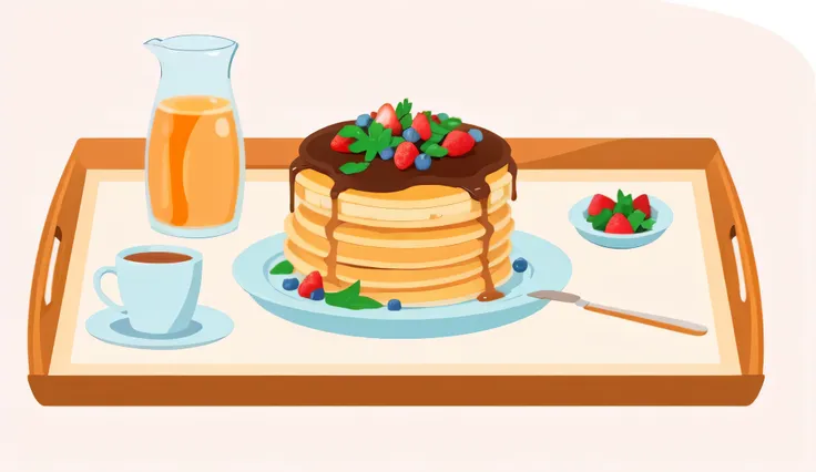 a cartoon illustration of a pancake with chocolate and strawberries on a tray, pancakes, pancake flat head, flat illustration, flat vector graphic, flat, exploitable image, syrup, anime food, the table is full of food, on a table, svg illustration, super r...