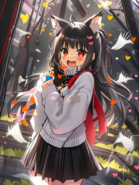 una mujer,,((long hair slightly wavy slightly past the shoulders, black bangs, small black pigtails on the sides, cute cat ears, beautiful thin red eyes,)), cozy sweater put on, parte superior del cuerpo, (enorme riendo:1.1), (boca abierta:1.1), (ojos bien...