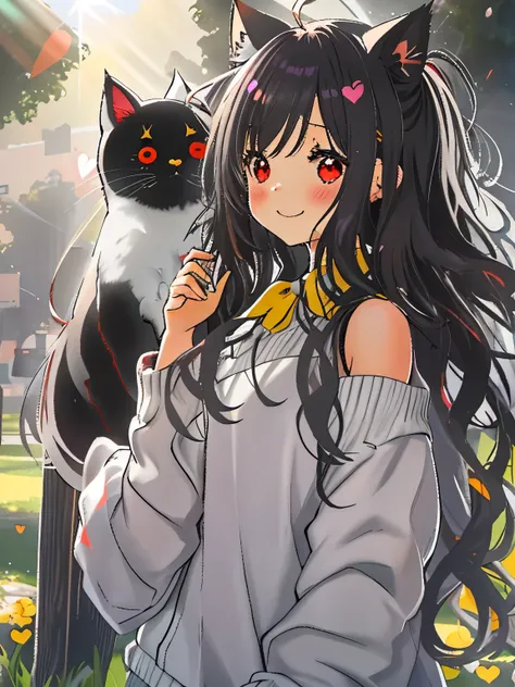 una mujer,,((long hair slightly wavy slightly past the shoulders, black bangs, small black pigtails on the sides, cute cat ears, beautiful thin red eyes,)), cozy sweater put on, parte superior del cuerpo, (enorme riendo:1.1), (boca abierta:1.1), (ojos bien...