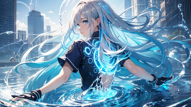 a water goddess, Looks cute, (Silver blue hair streaked glowing blue:1.6), (Gradient dark blue hair ends:1.4), absundly extra long floating hair, hair over one eye, hair strand, (((Illusion aqua blue eyes))), delicate eyes, aqua eyes, like real eyes, (((gl...