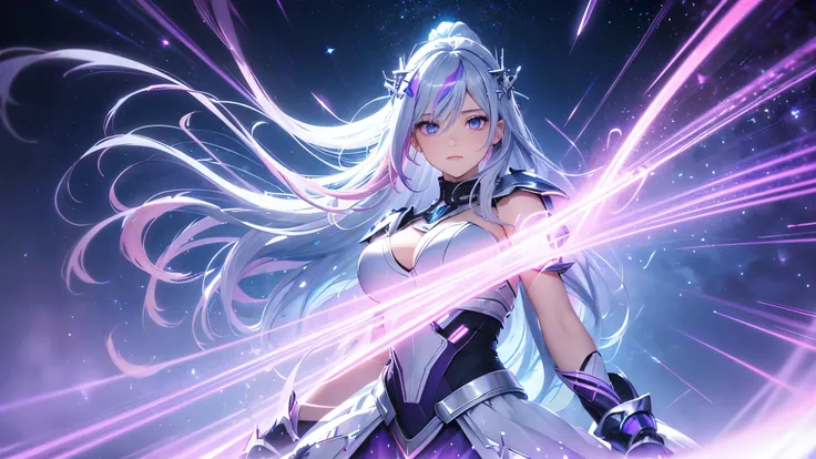 a goddess of light, (Silver blue hair streaked pink purple:1.4), (Gradient sky blue hair ends:1.6), hair strand, absurdly long hair, single sidelock, wavy hair, shiny hair, floating hair, (glowing Illusion deep purple eyes), delicate eyes, aqua eyes, High ...