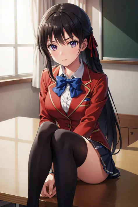 suzune horikita, long hair, black hair, (red eyes:1.3), hair ribbon, braid,
BREAK bow, , jacket, bowtie, blue bowtie, blazer, (red blazer:1.5), skirt, white skirt,((black thighhighs))
BREAK indoors, classroom,sitting,full body
BREAK looking at viewer,
BREA...