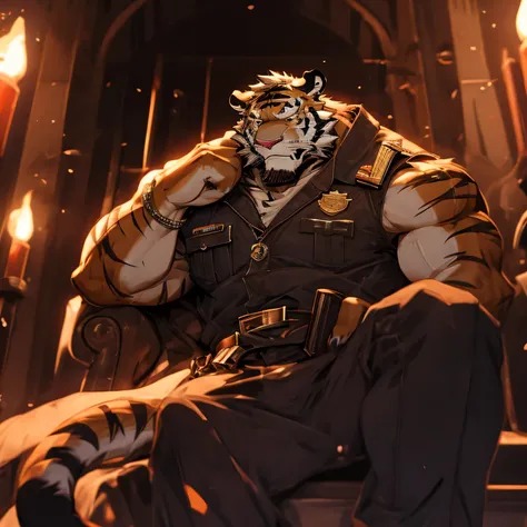 The young police officer is strong and muscular.,muscular，He&#39;s a tiger orc，Is a young and strong muscle S。His orange fur has distinctive tiger stripes。His features are fierce and heroic,Jin&#39;s eyes are unique and beautiful。He stood in police uniform...