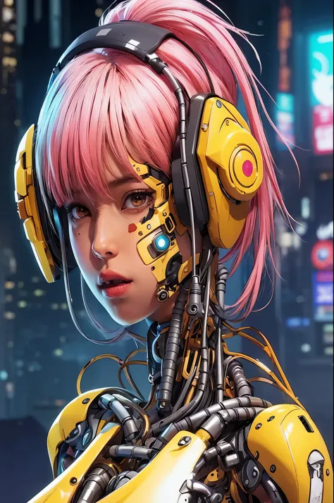 una mujer con auriculares y cabello rosado con un traje amarillo, arte del anime ciberpunk, chica anime ciberpunk mech, ciberpunk digital - arte anime, digital arte del anime ciberpunk, anime arte ciberpunk, chica anime ciberpunk, arte ciberpunk style, cyb...