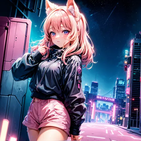 Create a picture of an anime beautiful girl who is in the city of the future. The city and the girl herself in neon. For the track cover of the Synthwave genre. Name of the track. - Night Drive. 