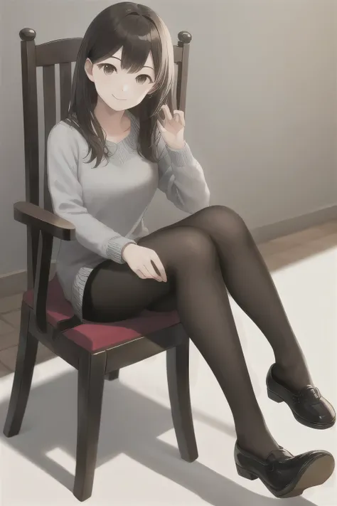 masterpiece, highest quality, high resolution, 1 girl、 sitting, chair、smile、black tights shoes fall at my feet