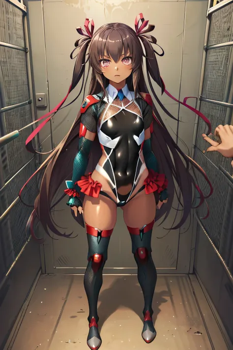 Mizuki Yukikaze, flat tits,skinny,hair ribbon, black leotard, Taimanin suit, one piece tan, Standing in honor,fingerless gloves, ruffle leotard, thigh boots,pov,(((she is in the prison))),